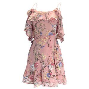 Stradivarius Pink Floral cold Shoulder Ruffle Faux Wrap Mini Sun Dress Size S